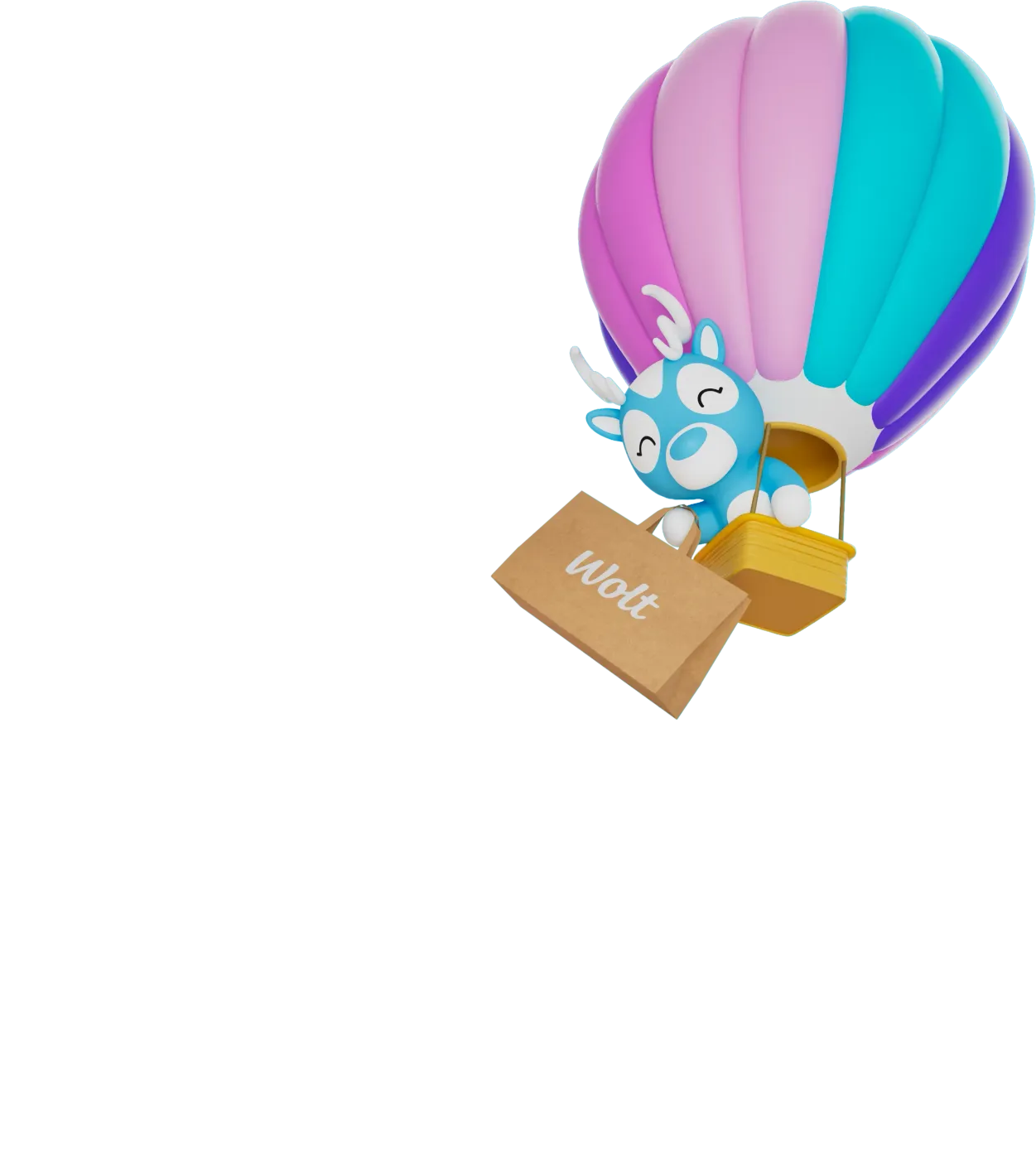 Finn overhead in a hot-air balloon carrying a Wolt package