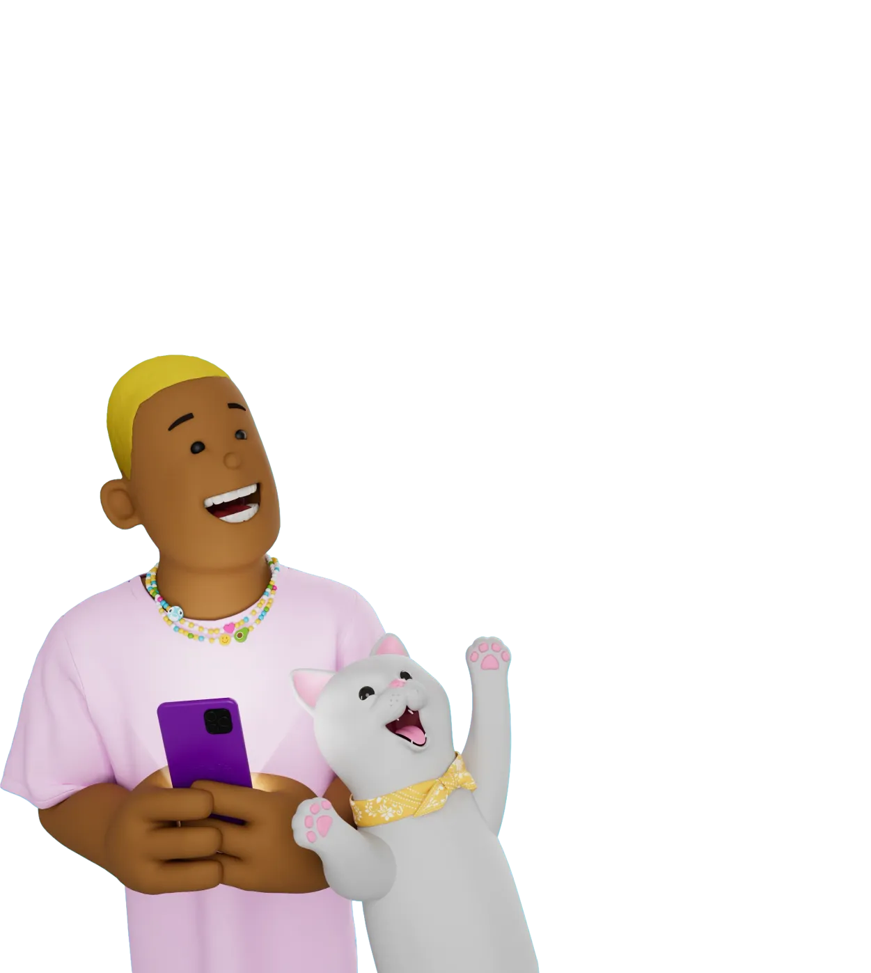 A shopper looking up from their phone beside a cat reaching up