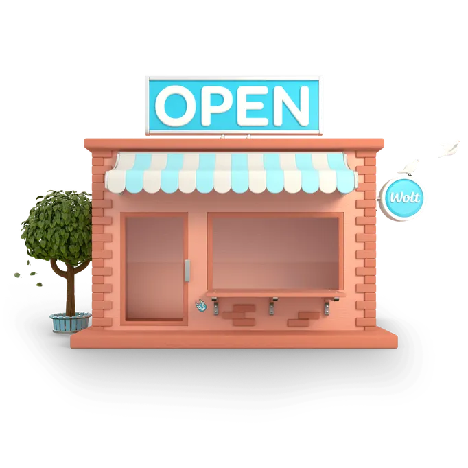 A small shop front with its OPEN sign lit and a Wolt sign hanging by the door